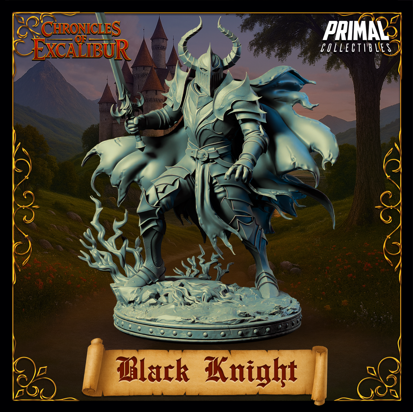 Black Knight miniature from Chronicles of Excalibur, detailed design ideal for D&D and collectors.
