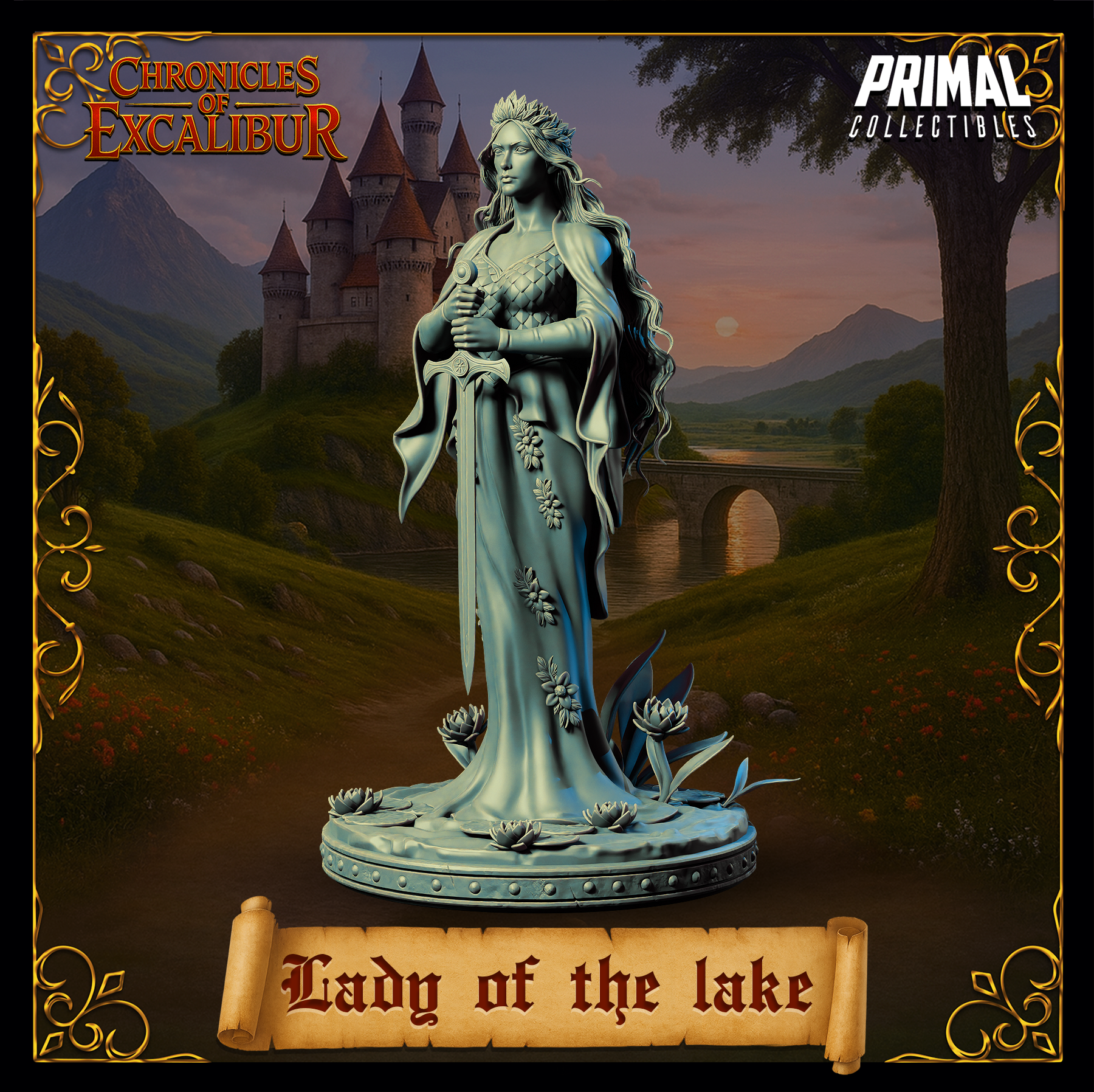 Lady of the Lake miniature from Chronicles of Excalibur, crafted in premium grey resin with exquisite detail.
