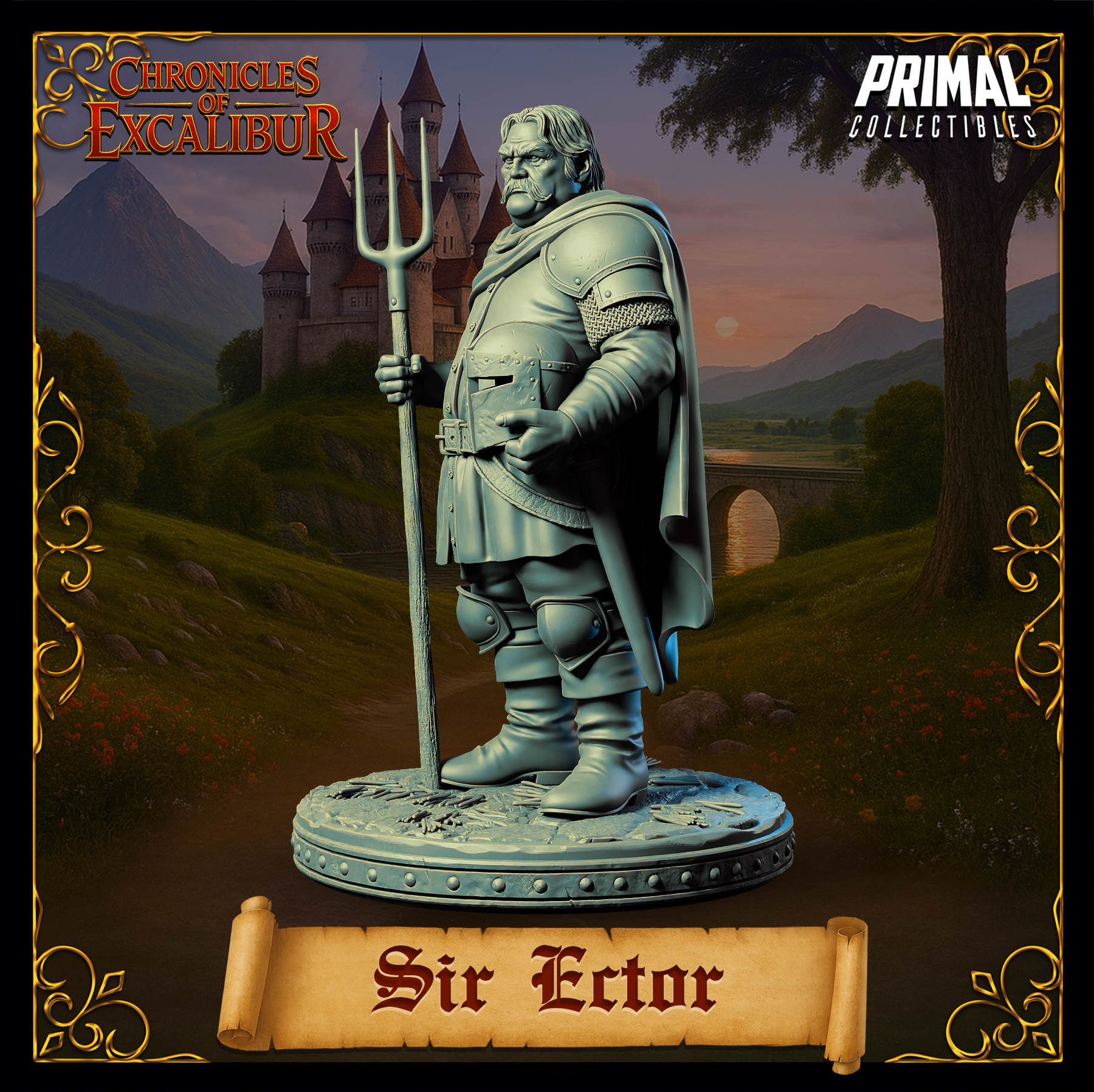 Knight Sir Ector miniature from Chronicles of Excalibur, crafted in premium grey resin for collectors and tabletop games.