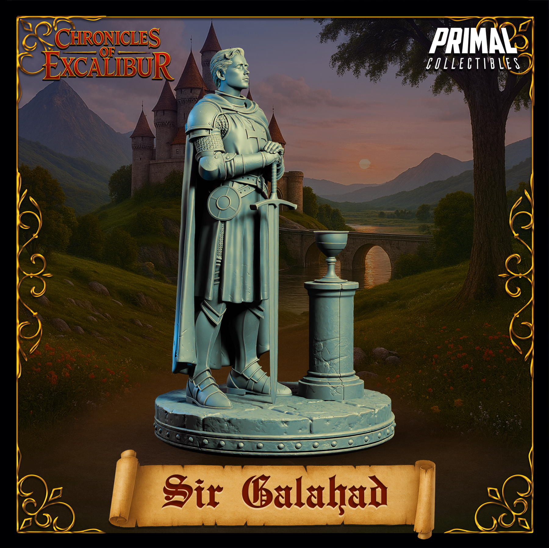Knight Sir Galahad miniature from the Chronicles of Excalibur series crafted in premium grey resin.