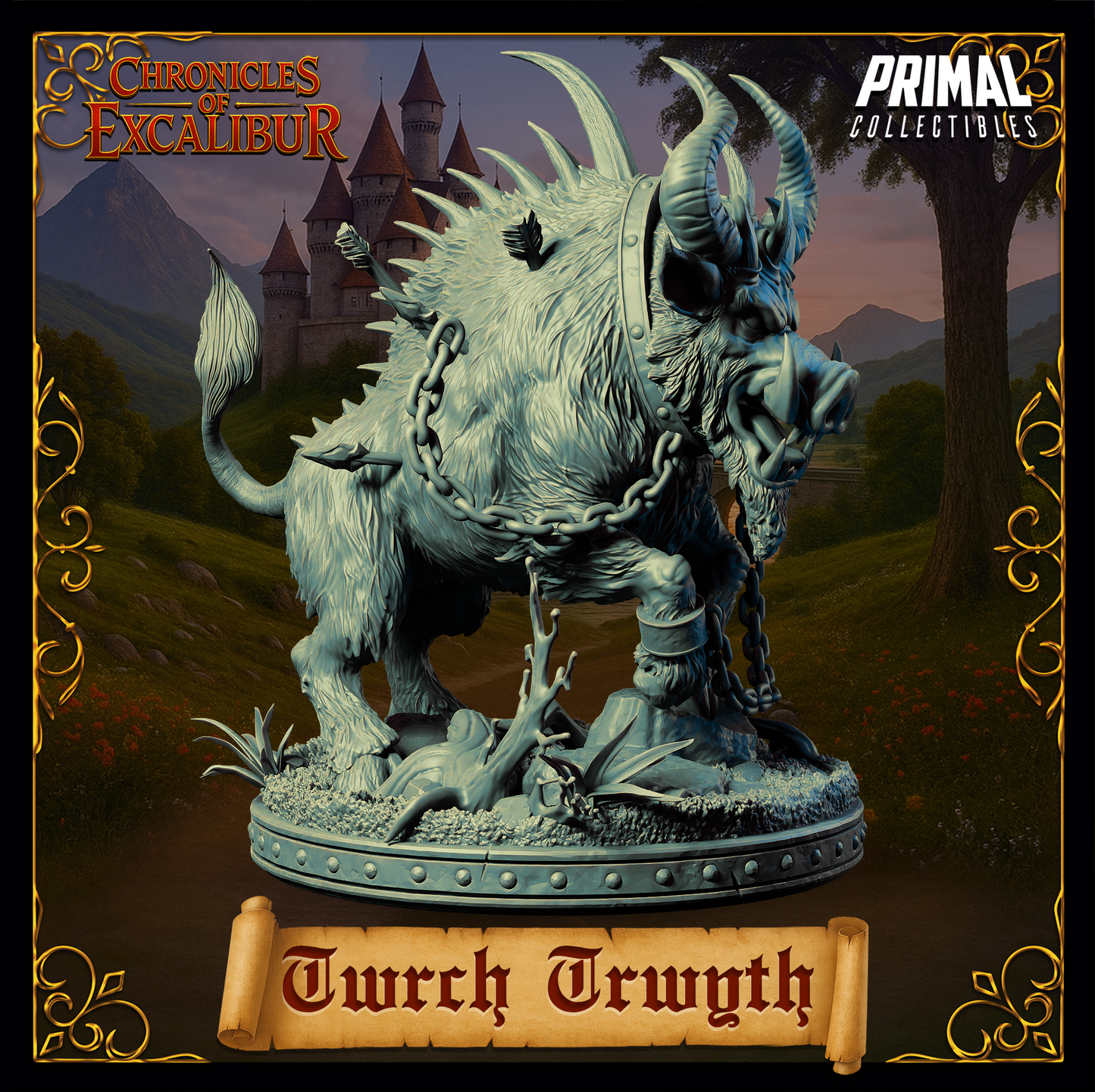 Twrch Trwyth miniature from Chronicles of Excalibur, crafted in premium grey resin with exceptional detail.