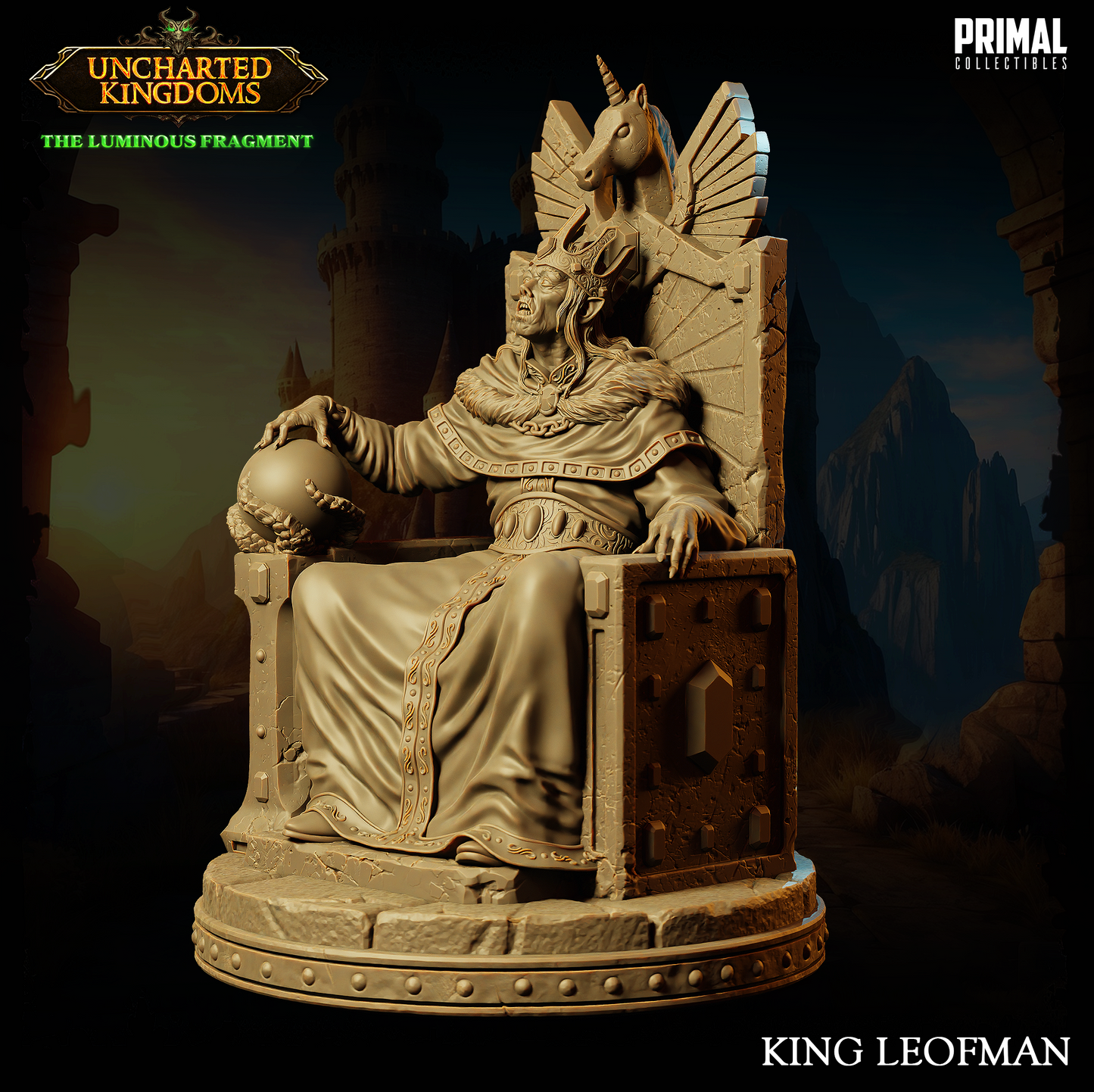 Wizard King Leofman sitting on a throne, intricately detailed miniature from Uncharted Kingdom.