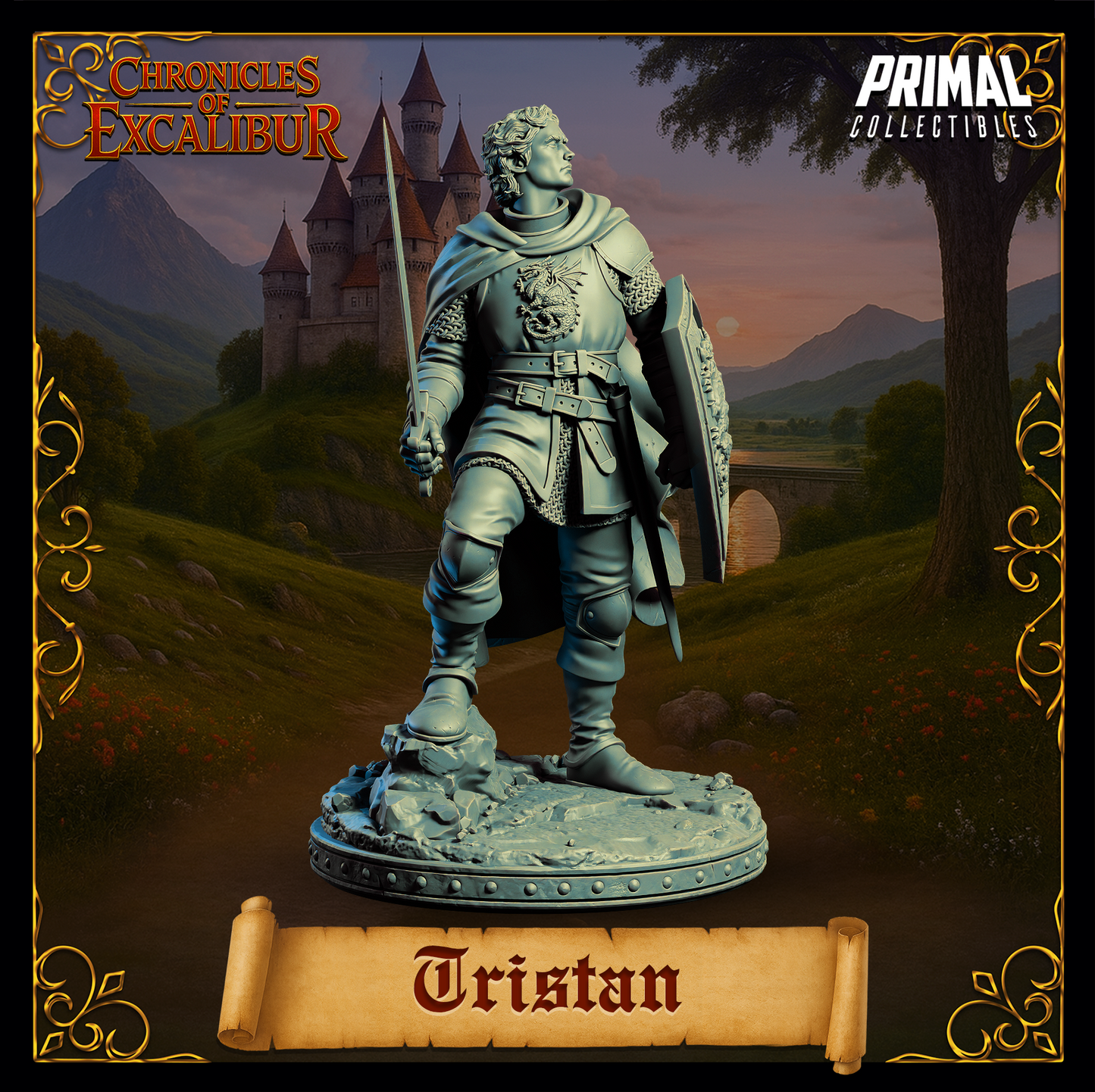 Knight Tristan miniature from Chronicles of Excalibur, premium resin model ready for display or painting