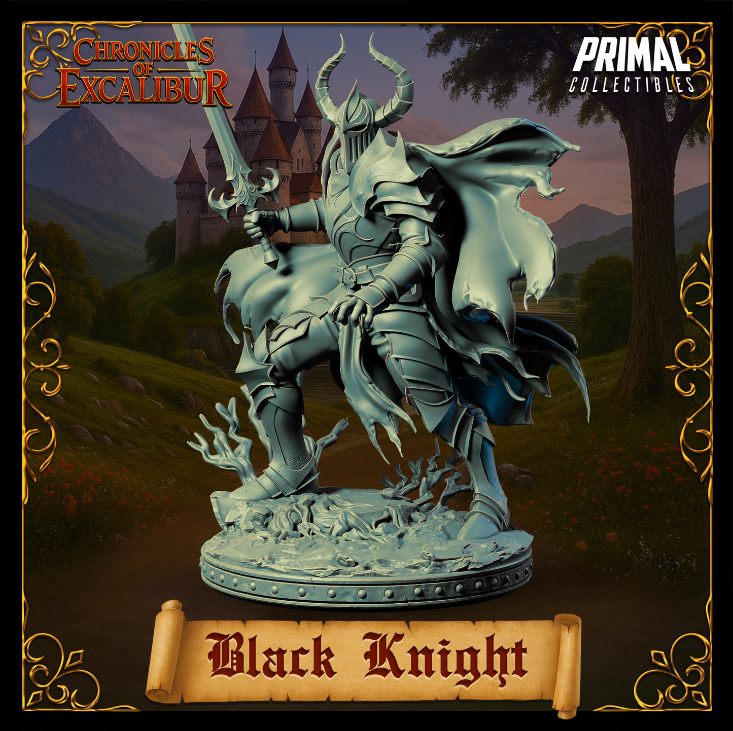 Black Knight miniature from Chronicles of Excalibur, crafted in premium resin for collectors and gaming enthusiasts.