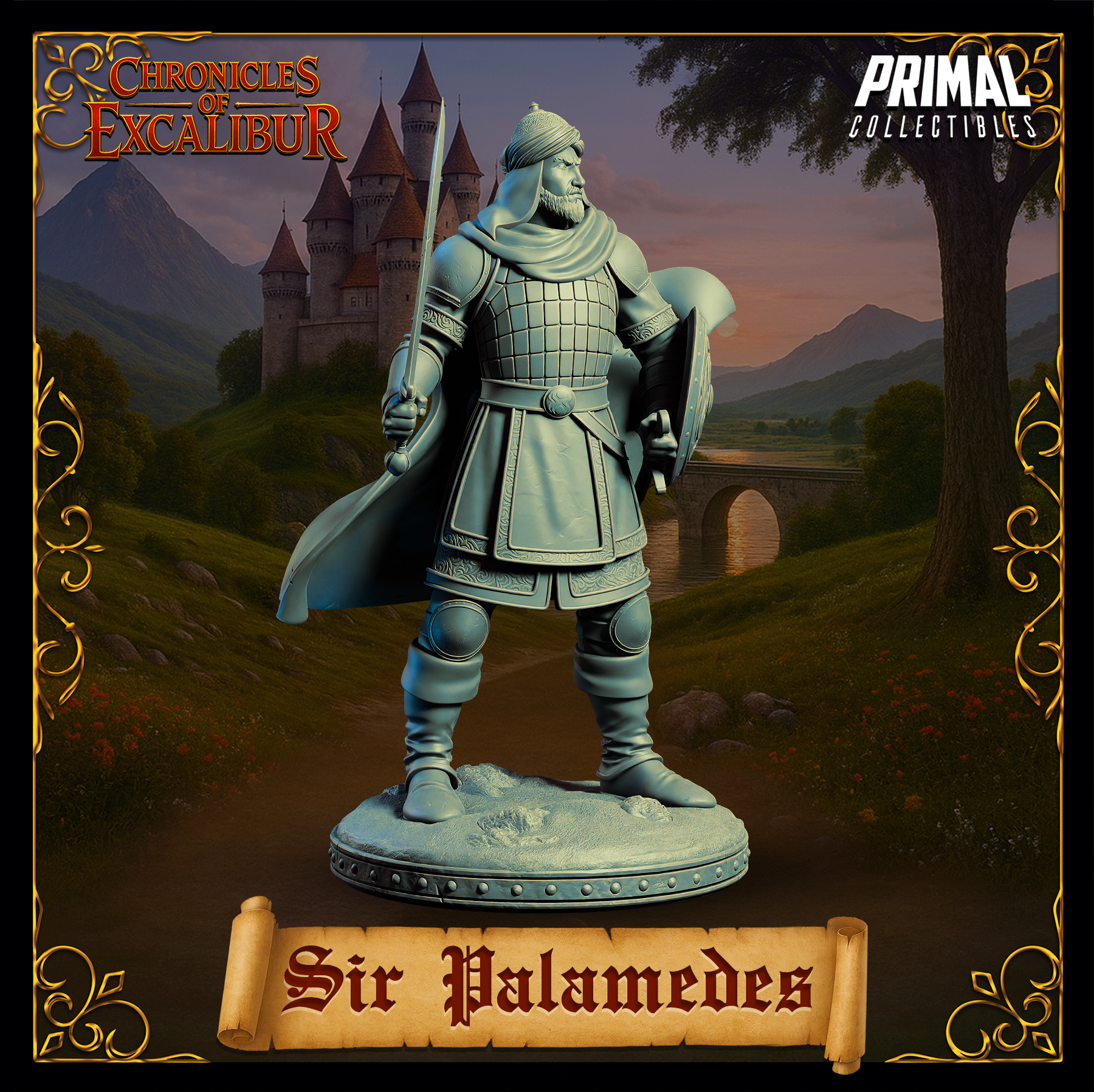Knight Sir Palamedes miniature from Chronicles of Excalibur, crafted in premium grey resin, perfect for collectors.