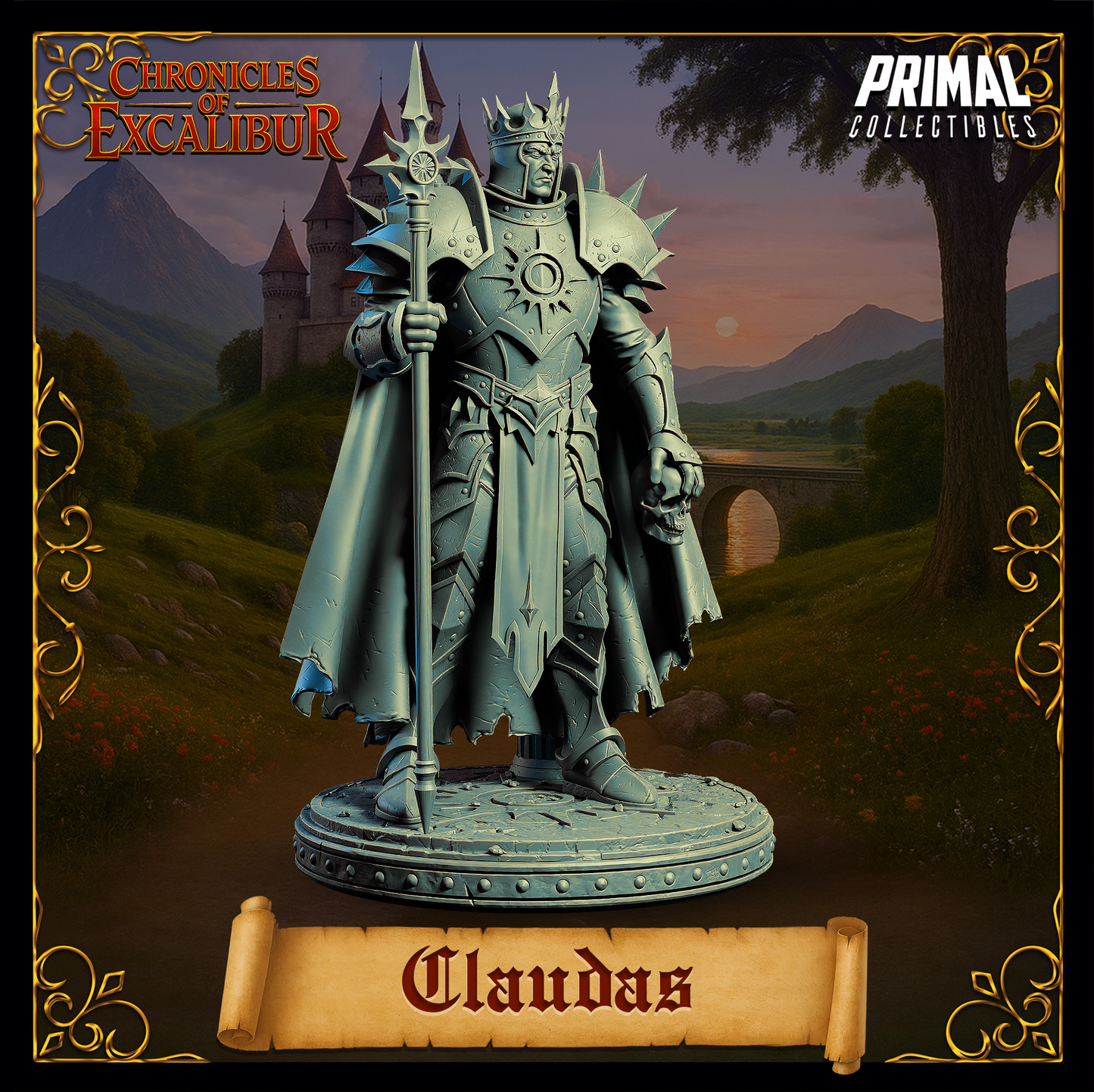 King Claudas miniature from Chronicles of Excalibur, crafted in premium grey resin with exceptional detail.