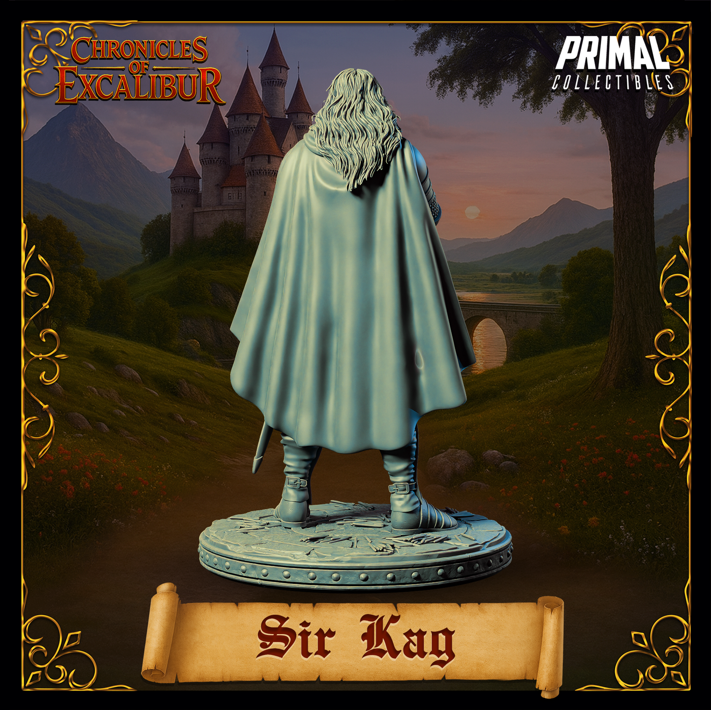 Knight Sir Kay - back view of a premium resin miniature from Chronicles of Excalibur with scenic background.