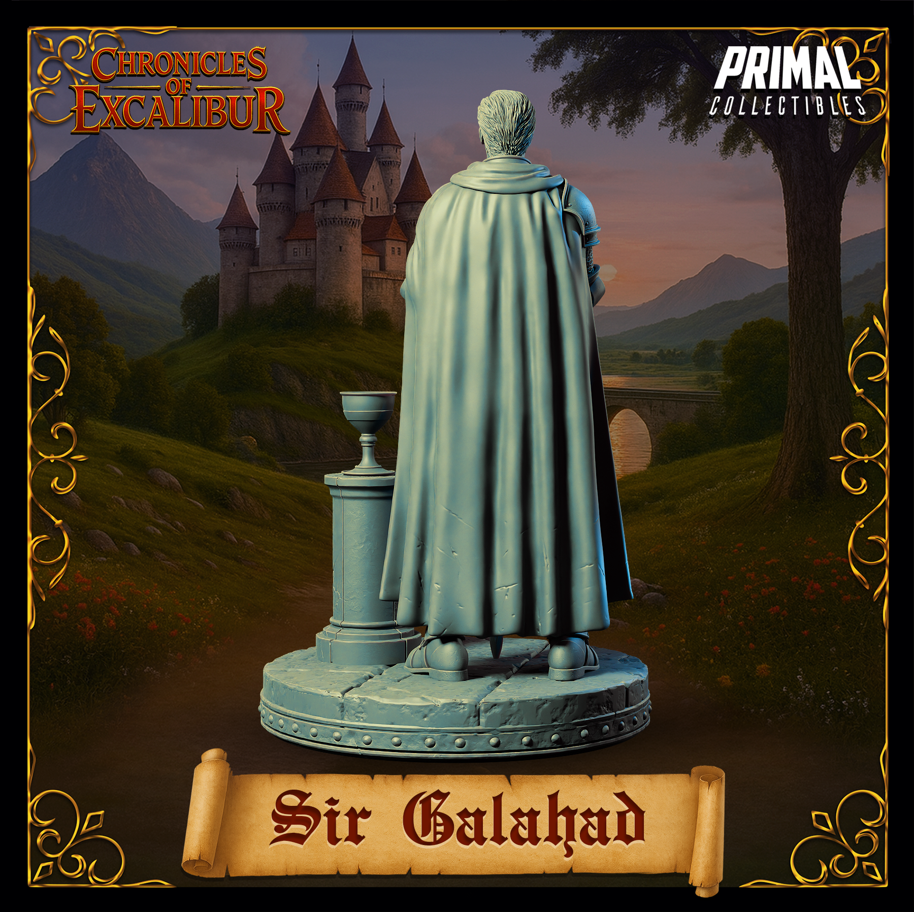 Knight Sir Galahad statue from Chronicles of Excalibur with detailed resin design near a castle backdrop.