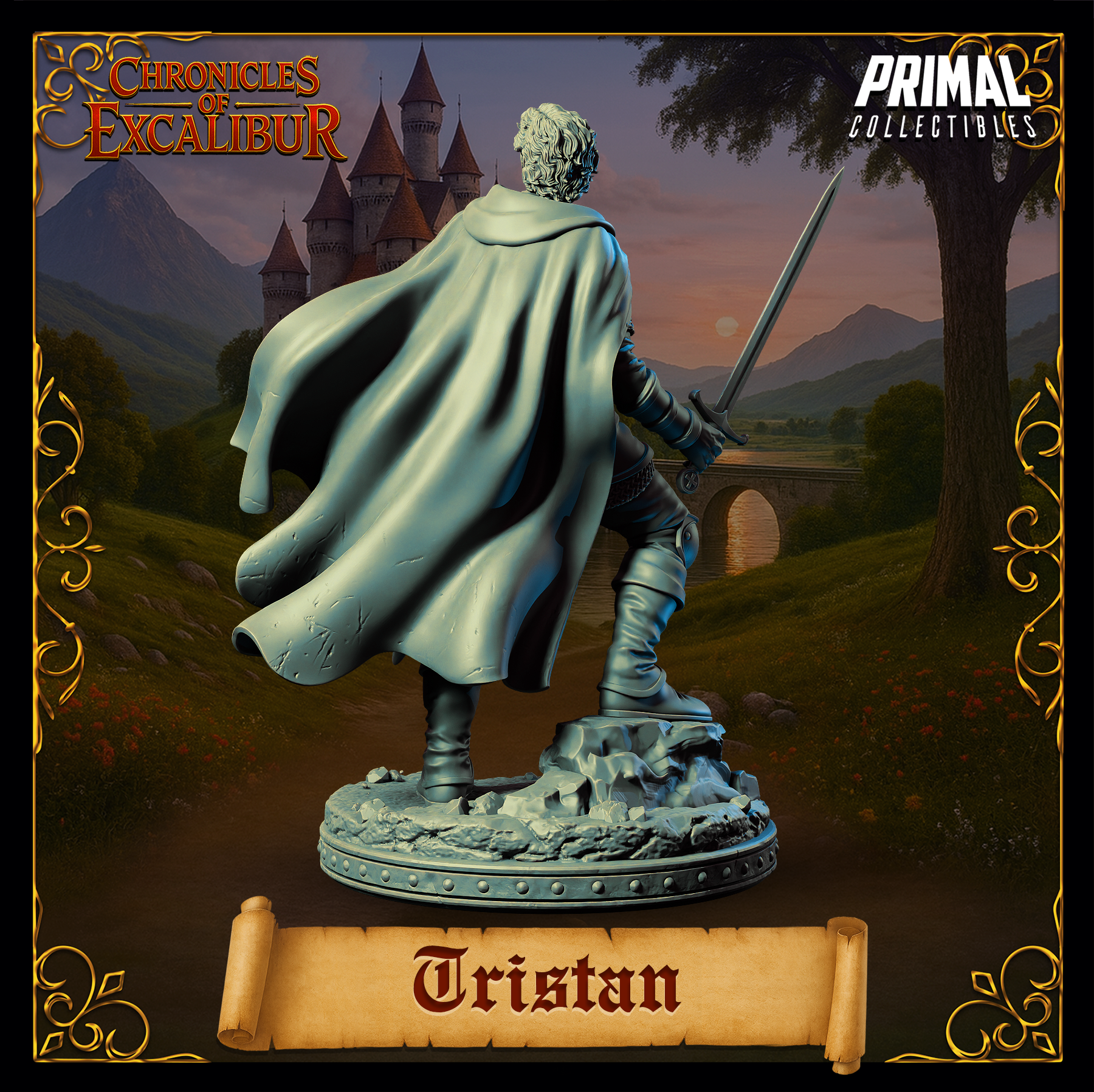 Knight Tristan model from Chronicles of Excalibur displayed in premium grey resin with sword and cape.