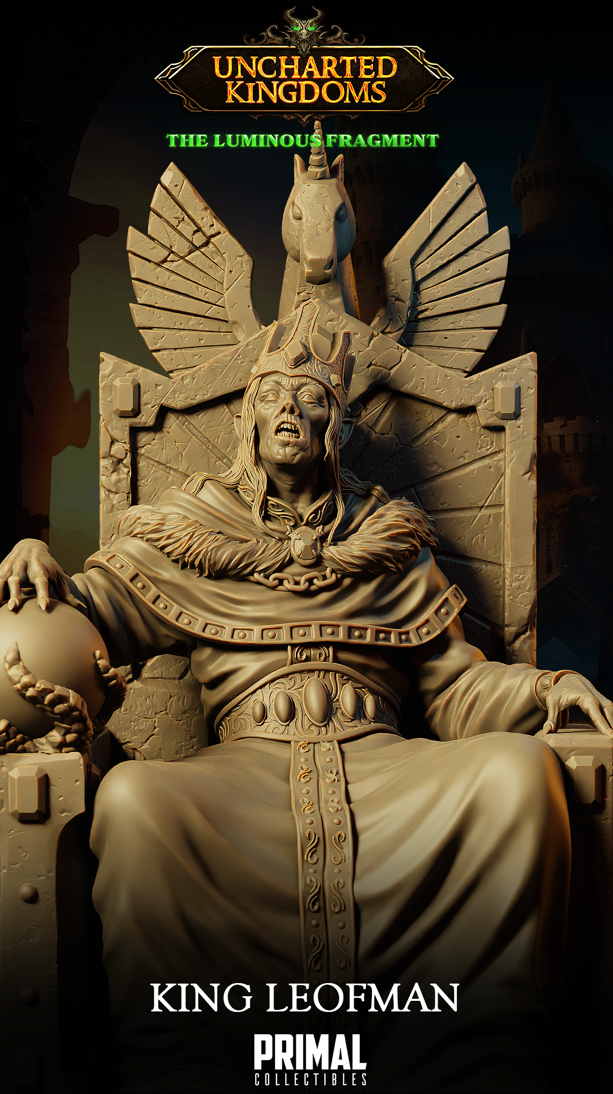 Wizard King Leofman sitting on a throne in Uncharted Kingdoms, sculpted in premium resin with intricate details.