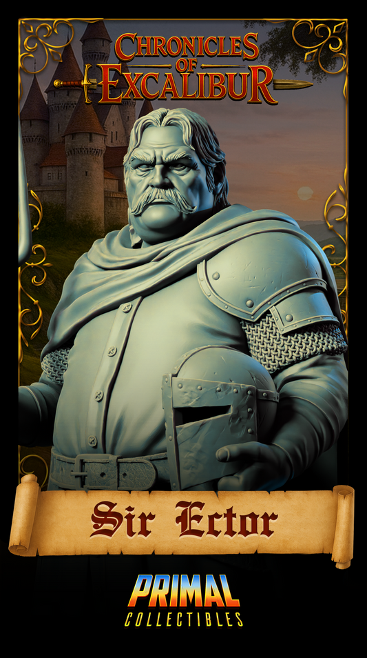 Knight Sir Ector miniature from Chronicles of Excalibur, crafted in premium grey resin, ideal for collectors and gamers.