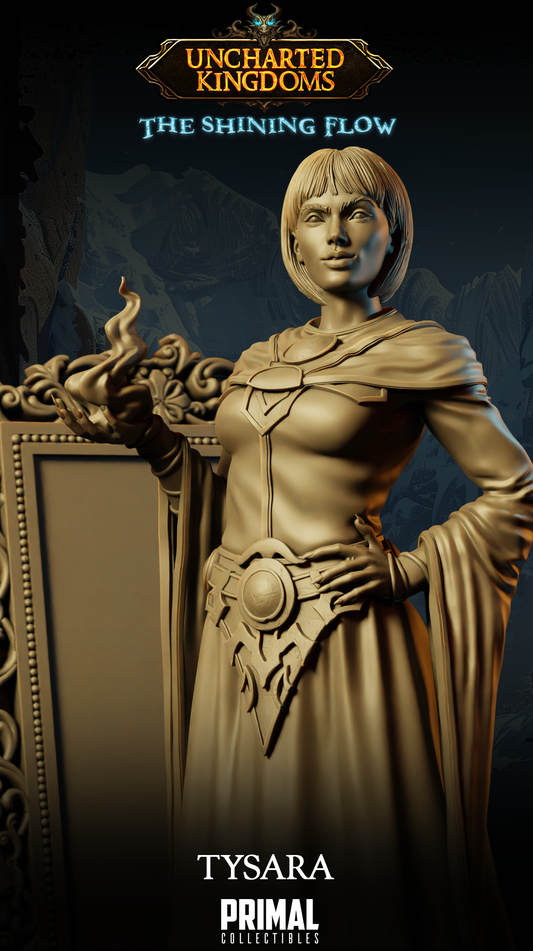 Wizard Tysara statue from Uncharted Kingdoms, featuring detailed resin design and posed with a magical flame.