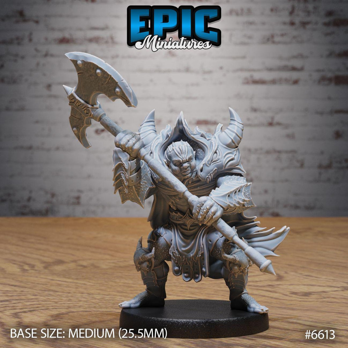 A detailed miniature model of a warrior figure, likely from the video game Epic Miniatures, with a large sword and various armor pieces. The figure is posed in a fighting stance, ready for battle. The image is described as a "BASE SIZE: MEDIUM (25.5MM)" and is numbered #6113.