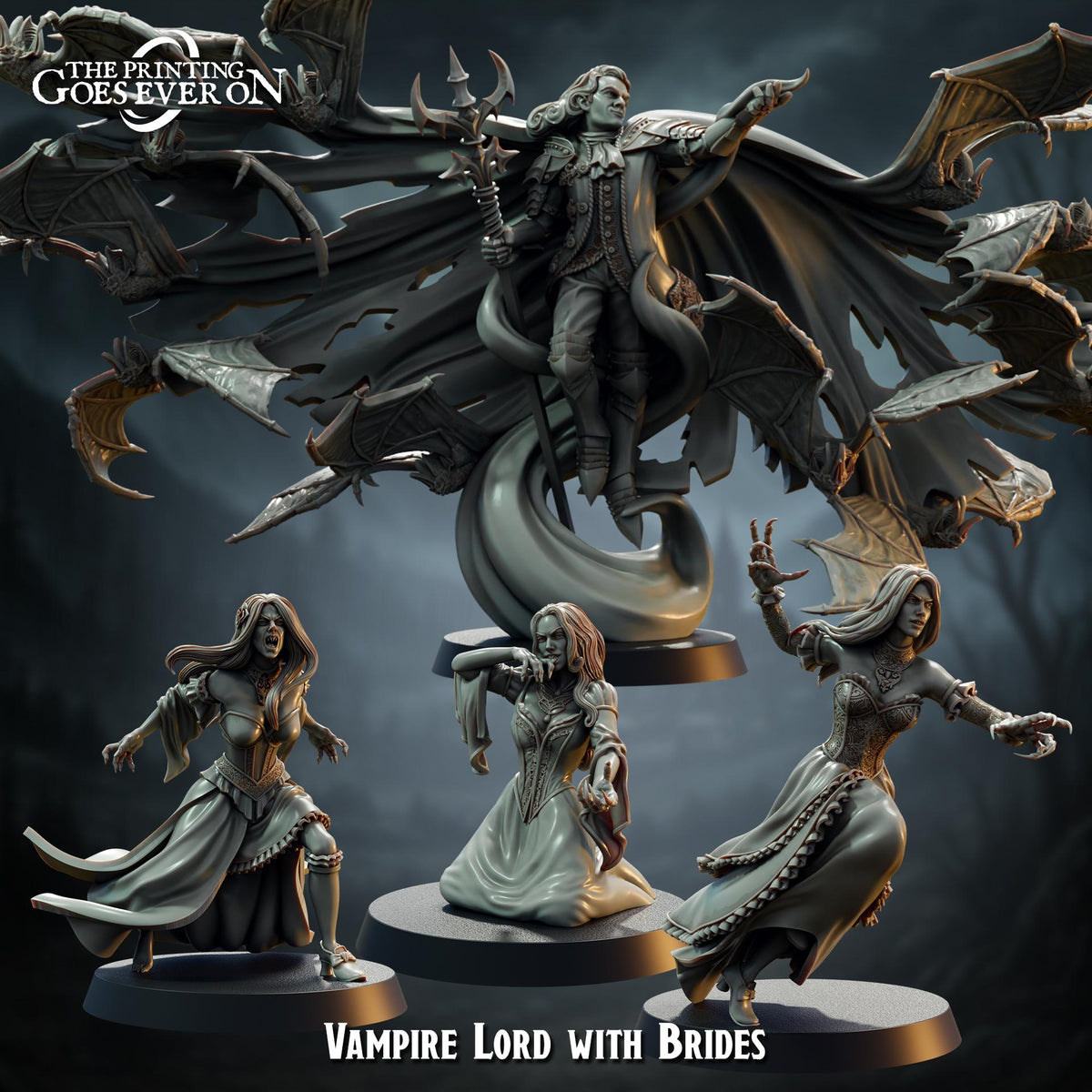 The image is a 3D rendering of a fantasy scene featuring a male figure with a cape and a female figure with a flowing dress, both holding weapons. The scene appears to be a fantasy setting with a dark, mysterious atmosphere.