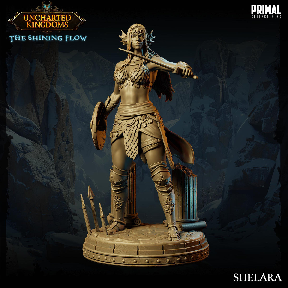 A bronze statue of a female warrior standing in a fighting stance, holding a shield and sword, with a mountainous landscape in the background.