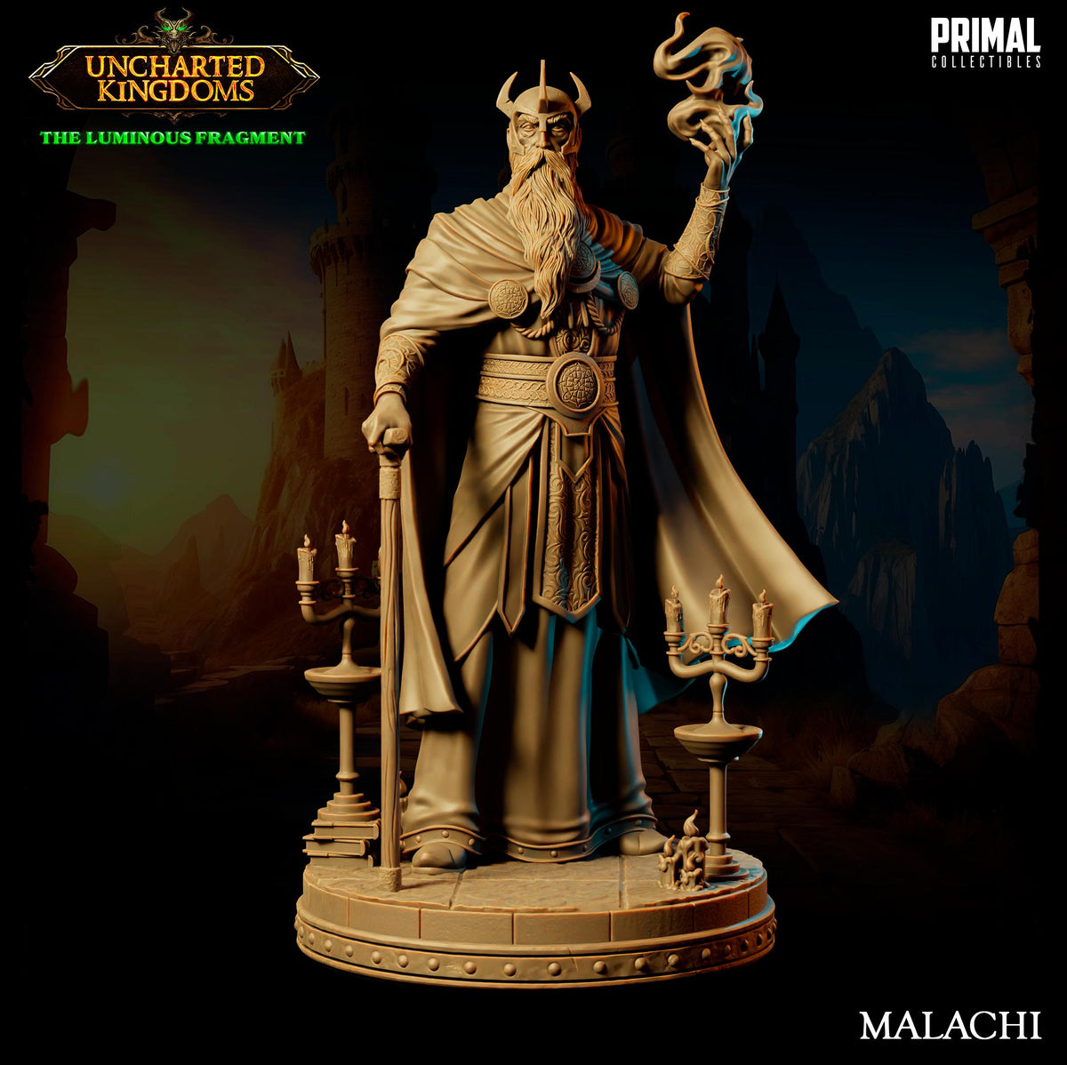 a statue of a bearded man with a long beard, wearing a crown and holding a staff, standing in a dark, fantastical setting.