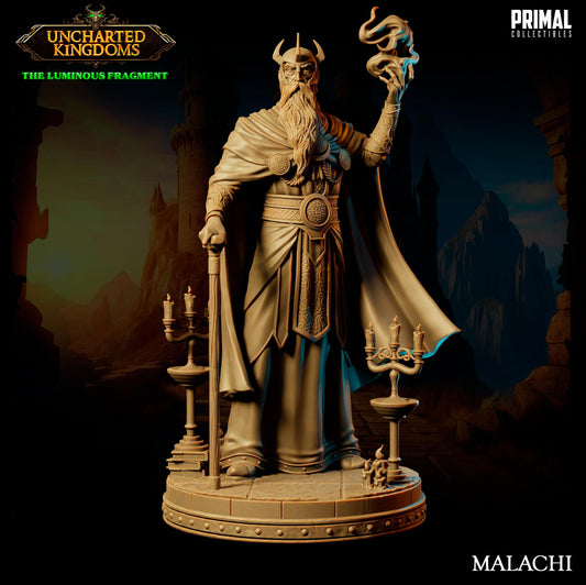 a statue of a bearded man with a long beard, wearing a crown and holding a staff, standing in a dark, fantastical setting.