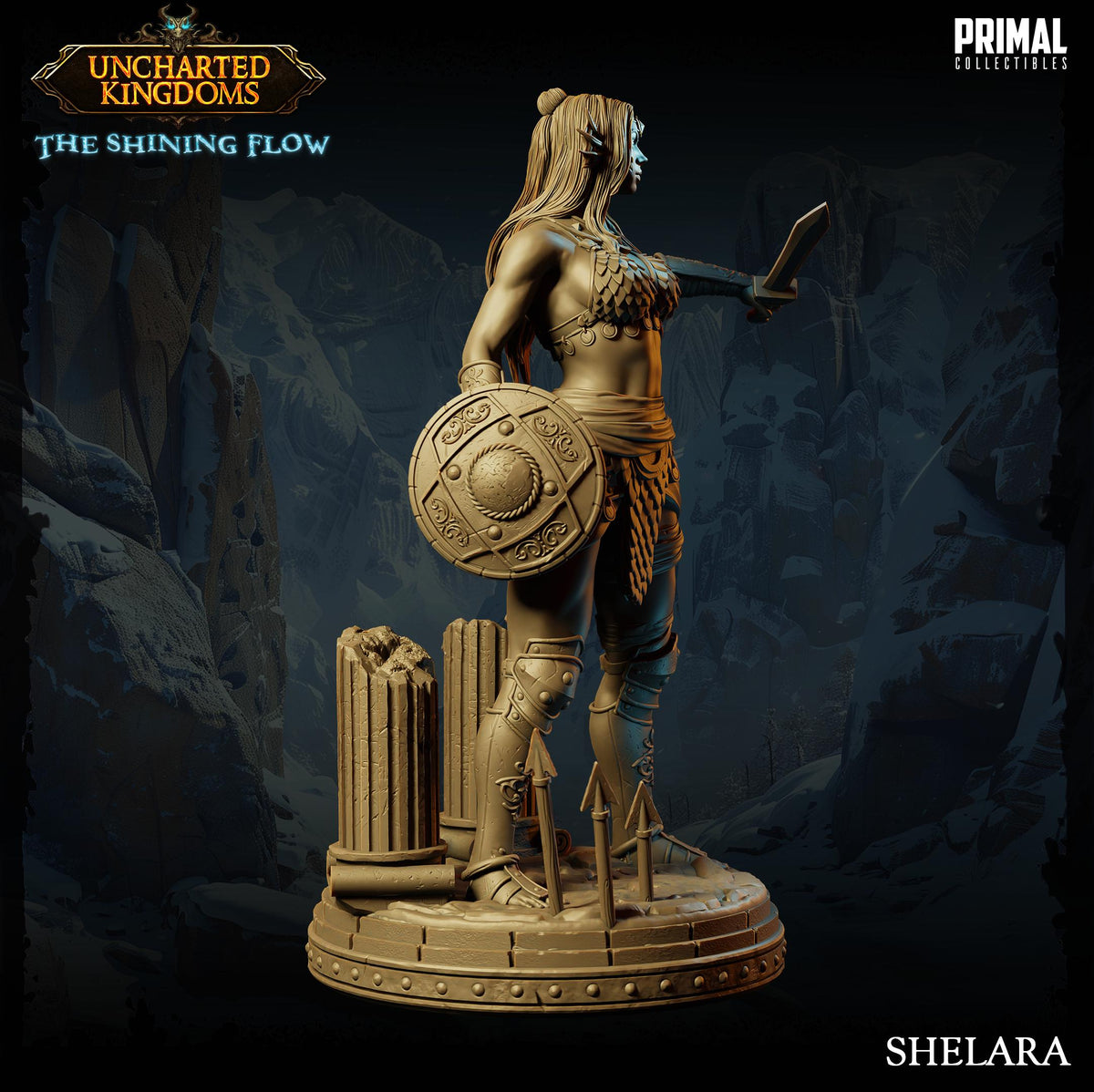 A bronze statue of a female warrior standing in a dark, rocky environment, holding a shield and sword.