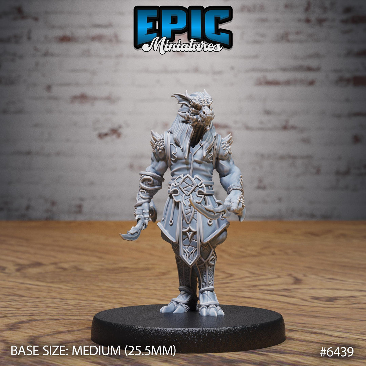 A figurine of a warrior standing on a black base, with a brick wall in the background. The figurine appears to be made of a material that resembles metal or plastic.