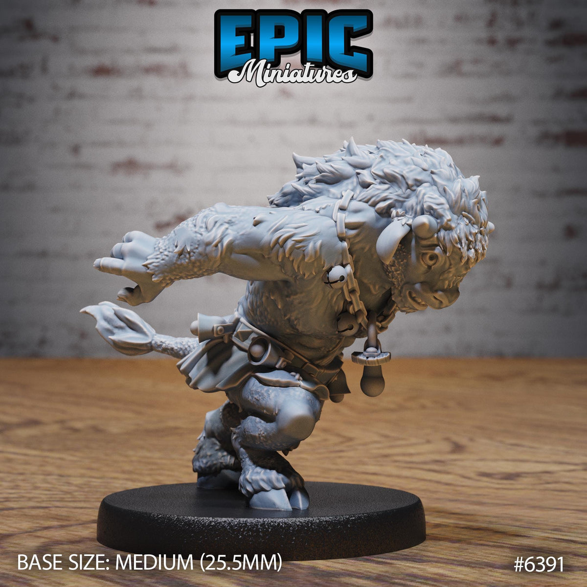 A detailed 3D model of a fantastical creature, possibly a mythical or magical being, is displayed on a black base. The creature has a large head, long neck, and a chain around its neck. The image is labeled with the text "Epic Miniaturized" and "BASE SIZE: MEDIUM (25.5MM)" indicating the size and material of the model.