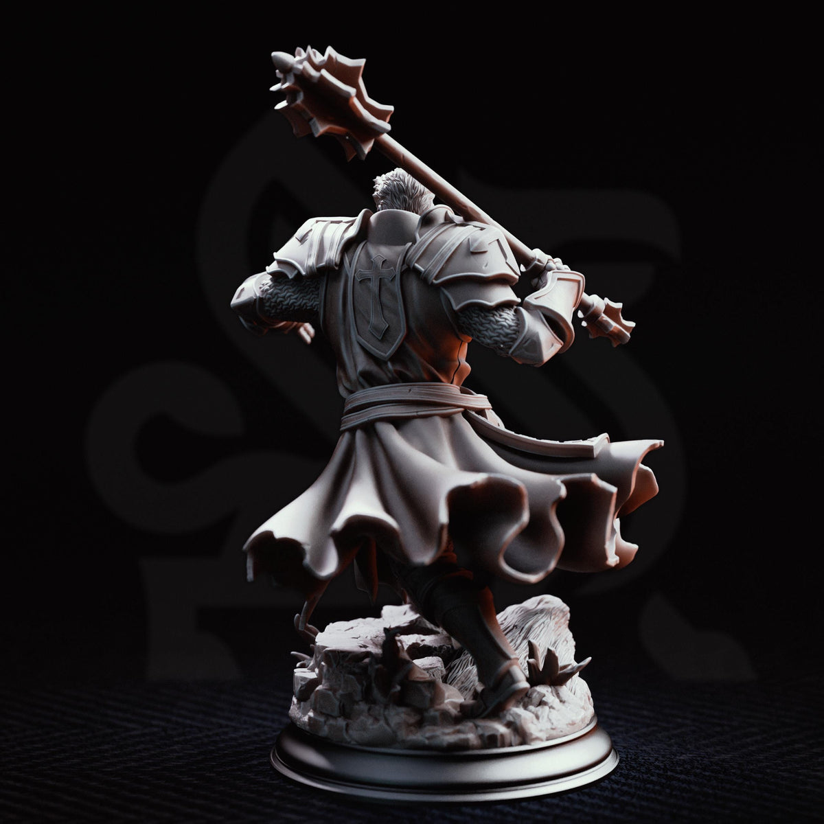 A detailed 3D rendering of a knight figure holding a large weapon, standing on a rocky base against a dark background.