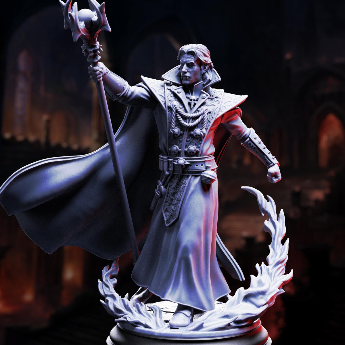 A detailed 3D rendering of a fantasy character, possibly a wizard or magical being, standing in a dark, atmospheric setting.