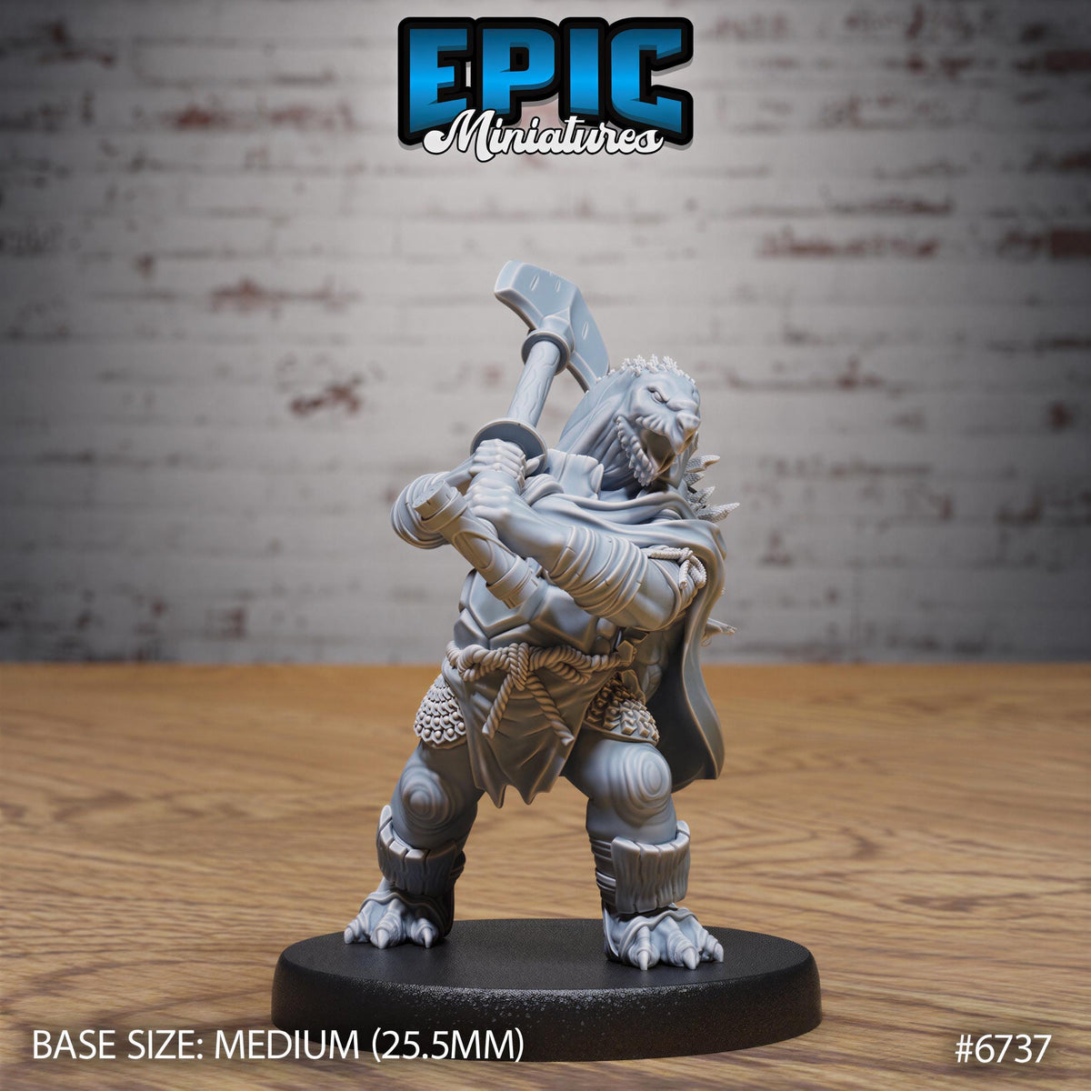 A figurine of a warrior-like character, possibly a dragon or monster, standing on a base and holding a weapon. The figurine is described as a "MEDIUM" size, which is 25.5 millimeters in height. The background is a brick wall.