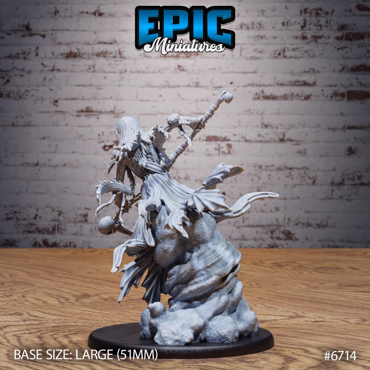 A 3D model of a miniature figure, likely a character from a video game or tabletop game, displayed on a wooden surface against a brick wall background.