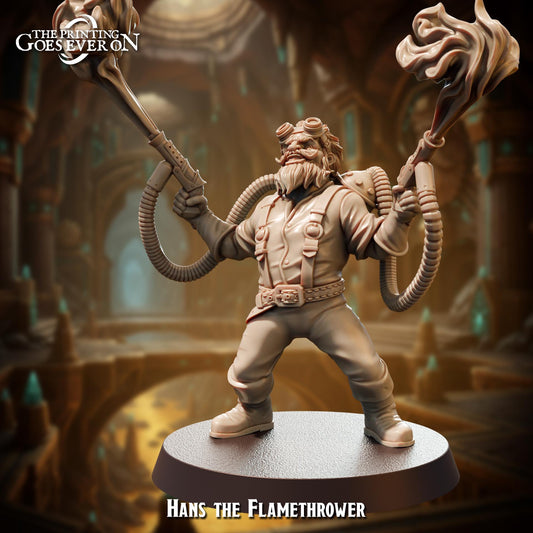 A figurine of a bearded man wearing a gas mask and holding a flaming torch, standing on a platform and holding a large gun.