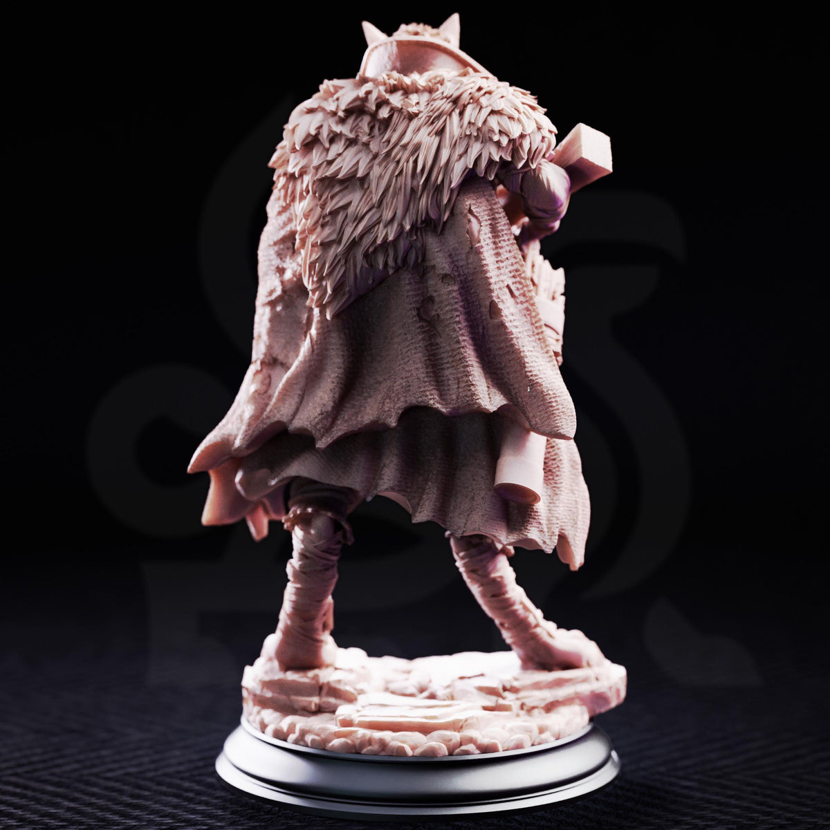 A figurine of a person wearing a fur-trimmed cape and holding a shield, standing on a base against a dark background.