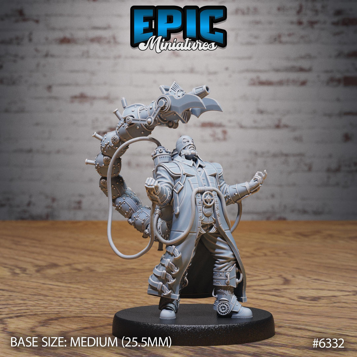 A miniature model of a character with a large mechanical arm, standing on a black base. The character appears to be a futuristic or science fiction-inspired figure.