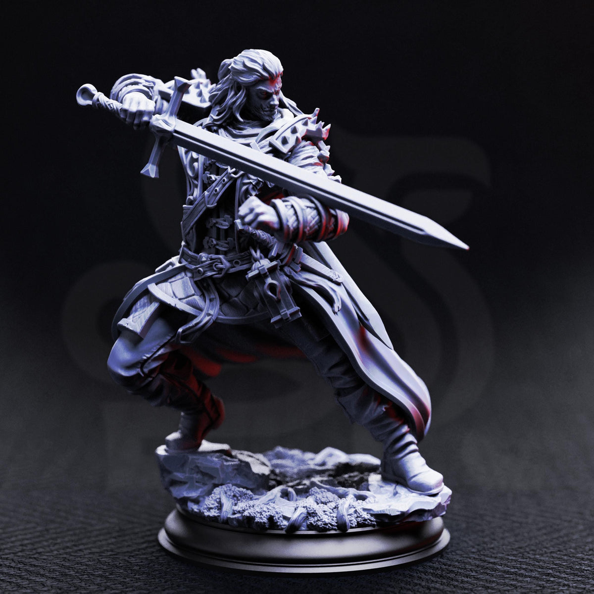 A detailed 3D model of a warrior figure wielding a sword, standing on a rocky base against a dark background.