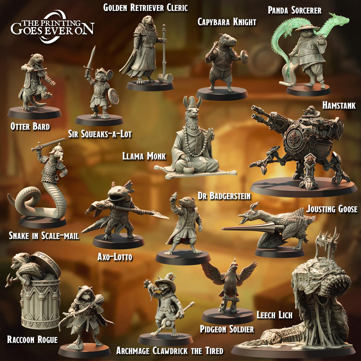 a collection of 16 different figurines, each representing a unique character from a fantasy world. The figurines are arranged in a grid-like pattern, with each one placed on its own circular base. The characters include a Golden Retriever Cleric, a Panda Sorcerer, Hamstank, Otter Bard, Sir Squeeaks-A-Llot, Llama Monk, Dr. Badgerstein, Jousting Goose, Snake in Scale-Mail, Ax-Loto, Leech Lich, Pigeon Soldier, and the Raccoon Rogue.