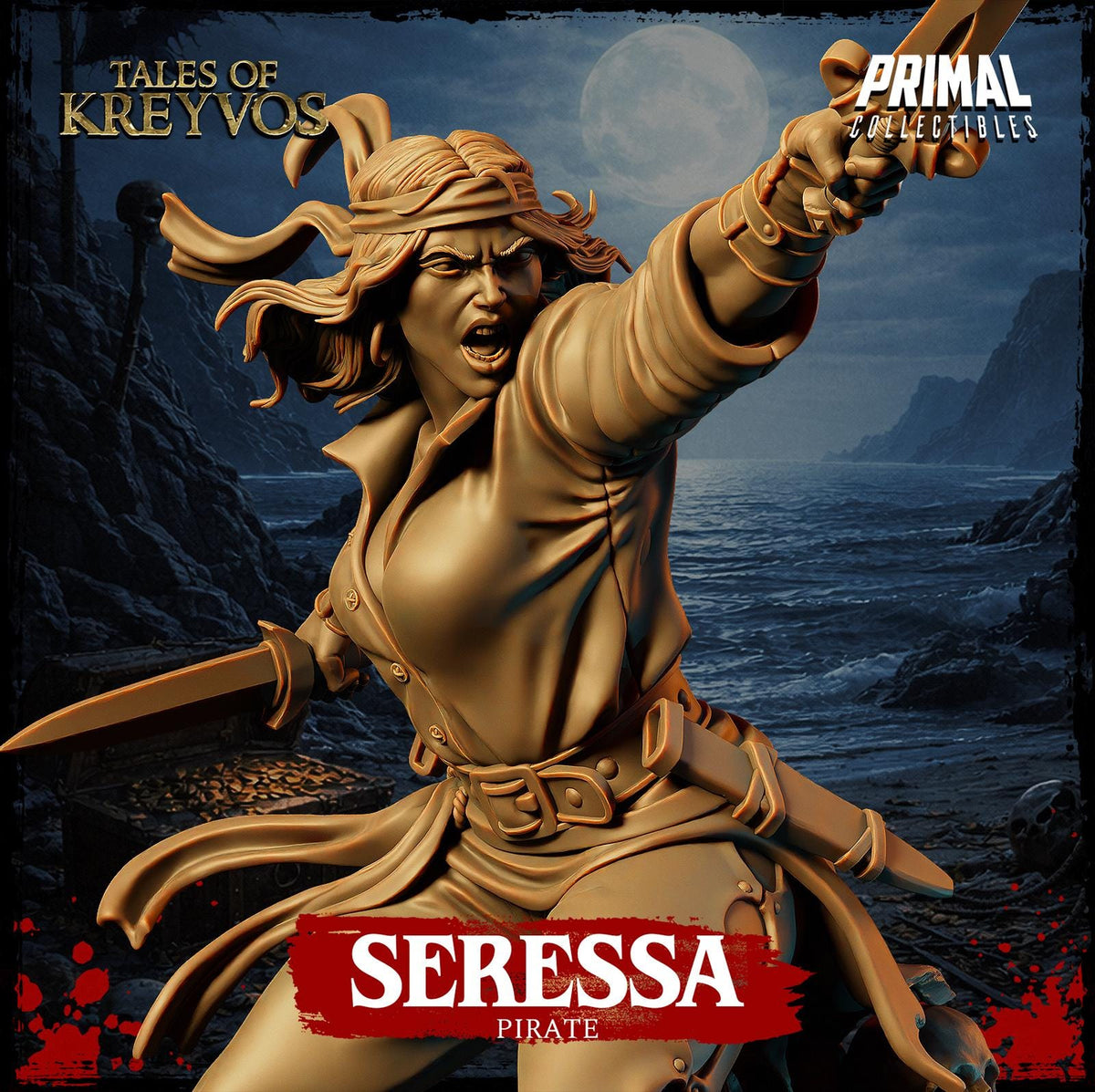 The image is a statue of a female pirate character named Serena, depicted in a dynamic pose with her arms raised and sword raised, set against a dark, stormy background with a full moon.