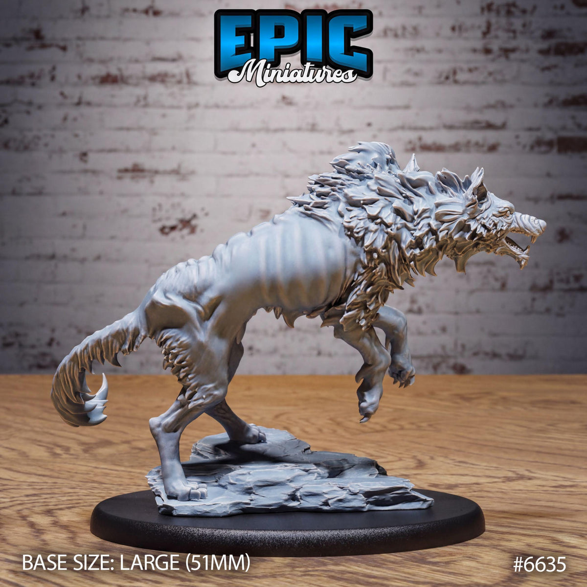 A large gray wolf figurine on a black base, with the text "Epic Miniature" and "BASE SIZE: LARGE (511mm)" visible.