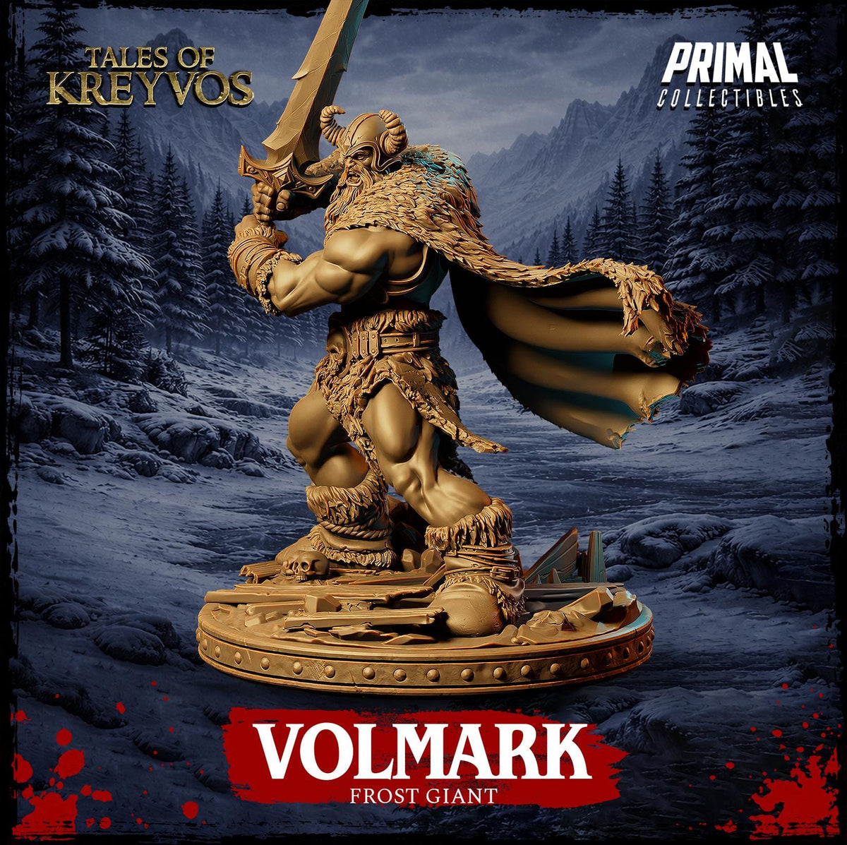 a large, detailed statue of a frost giant, a mythical creature with the body of a dragon and the head of a lion. The frost giant is holding a sword and standing on a platform, with a snowy mountain landscape in the background.