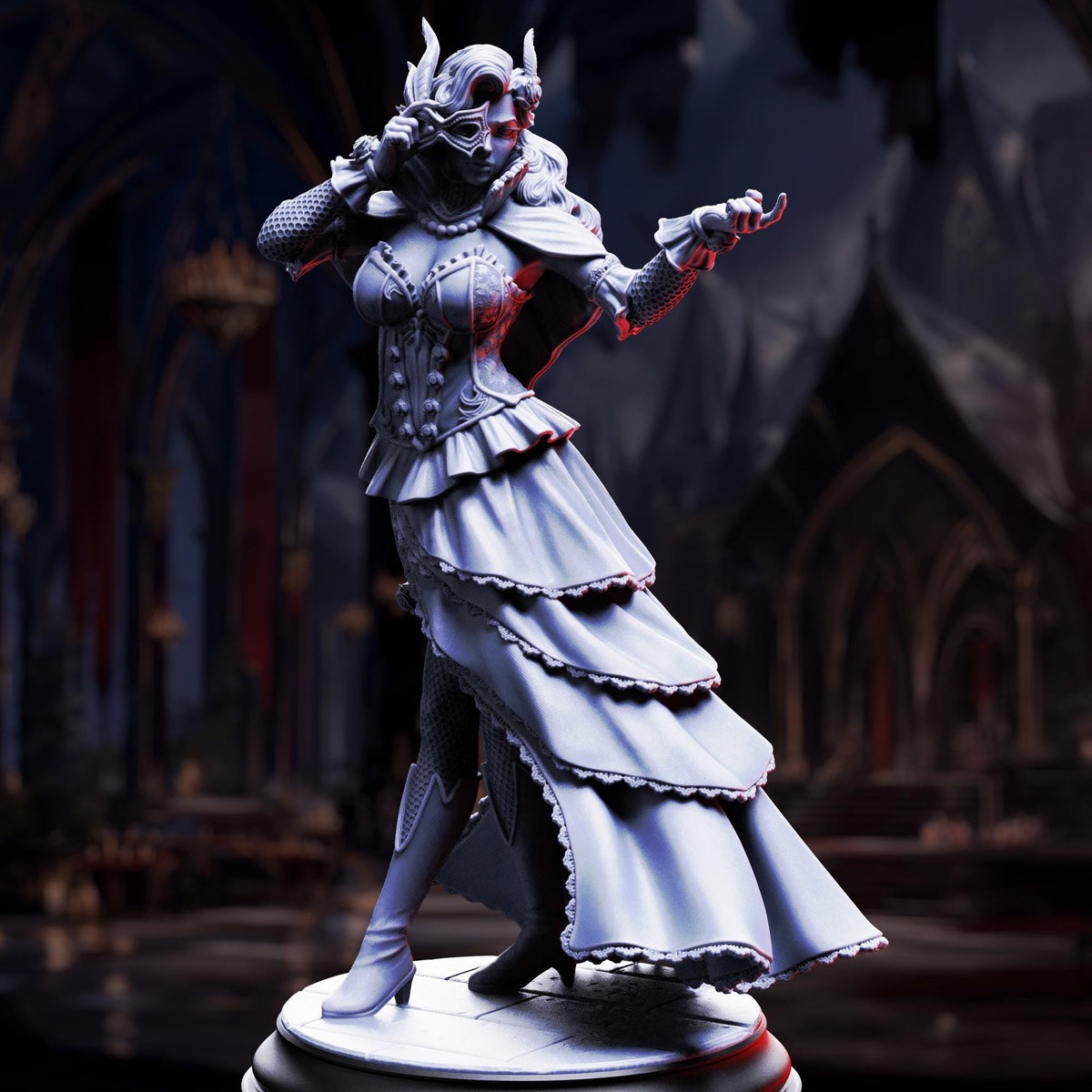 A detailed 3D model of a female character in a flowing, ornate dress with a high collar and multiple layers, standing on a pedestal and holding a weapon.