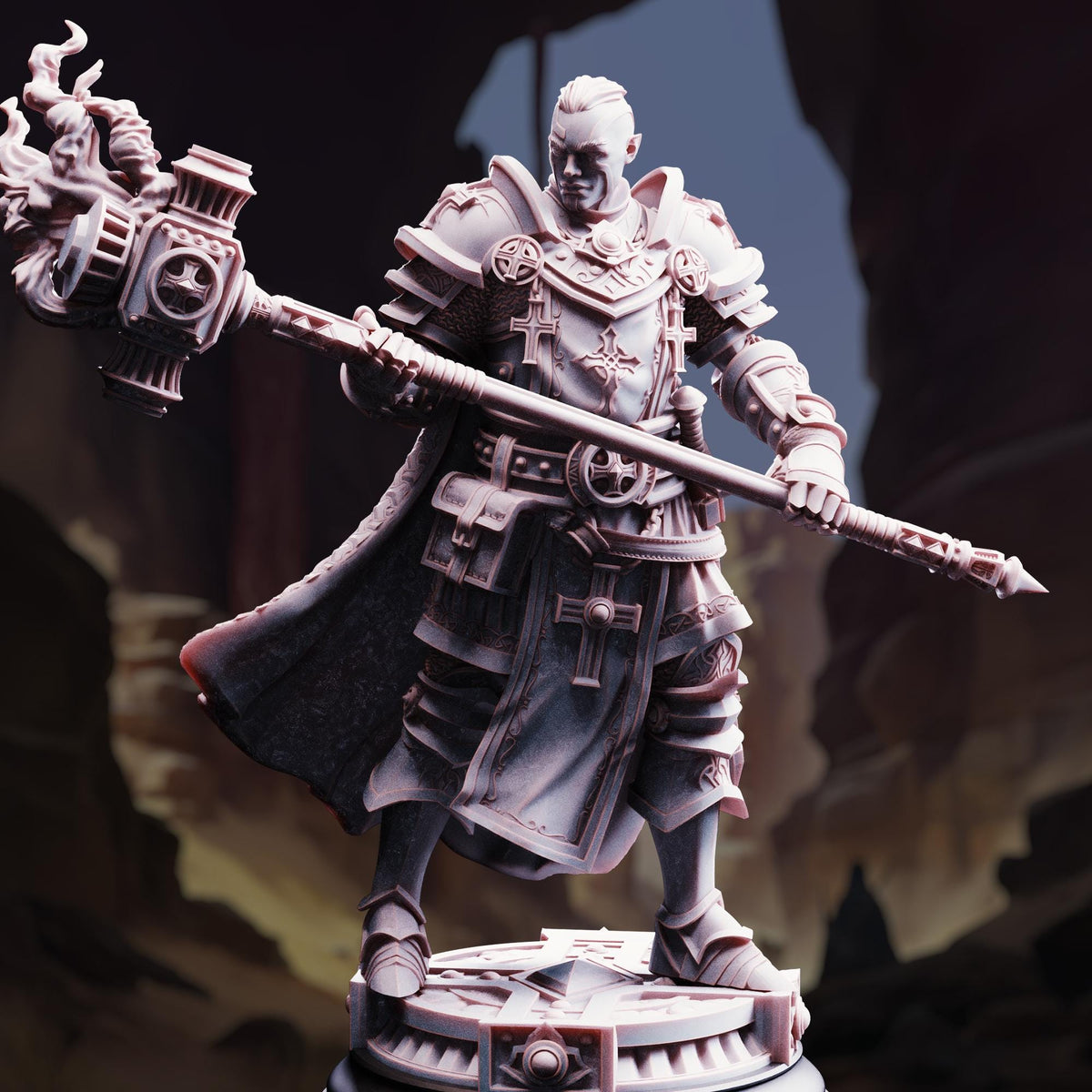 A detailed 3D model of a warrior figure, wearing a cape and armor, holding a large weapon and standing in a dark, rocky environment.