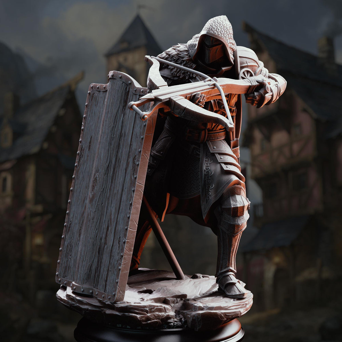 A detailed 3D model of a knight in armor, holding a crossbow and shield, standing in a medieval setting with buildings in the background.