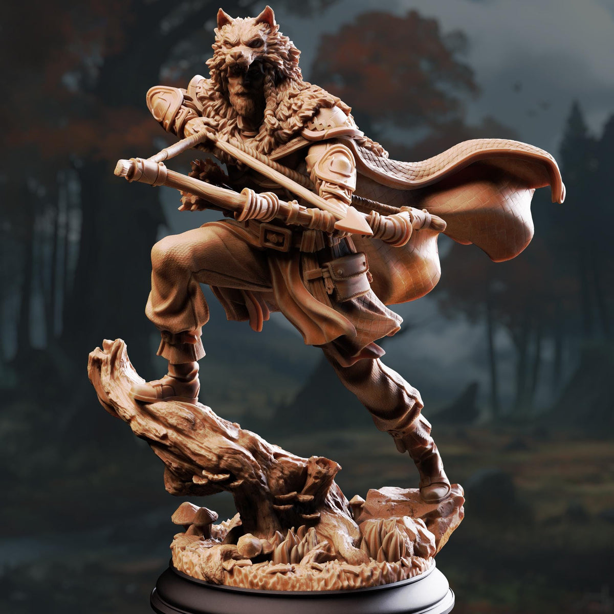 A detailed sculpture of a wolf-like creature with a fierce expression, standing on a rock and holding a weapon.