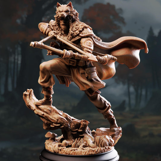 A detailed sculpture of a wolf-like creature with a fierce expression, standing on a rock and holding a weapon.