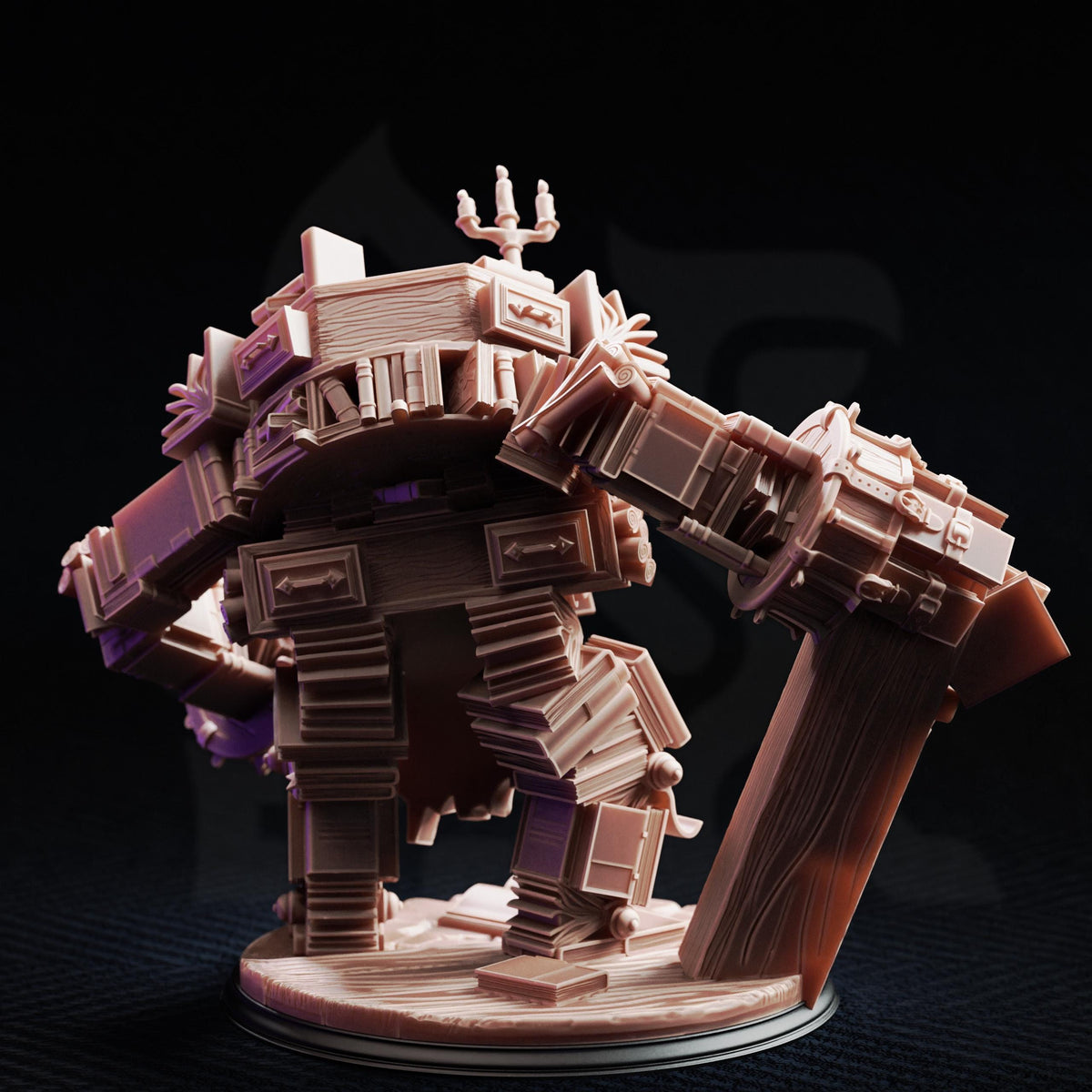 A 3D model of a robot or mechanical figure, composed of various stacked and interconnected parts, is shown against a dark background.
