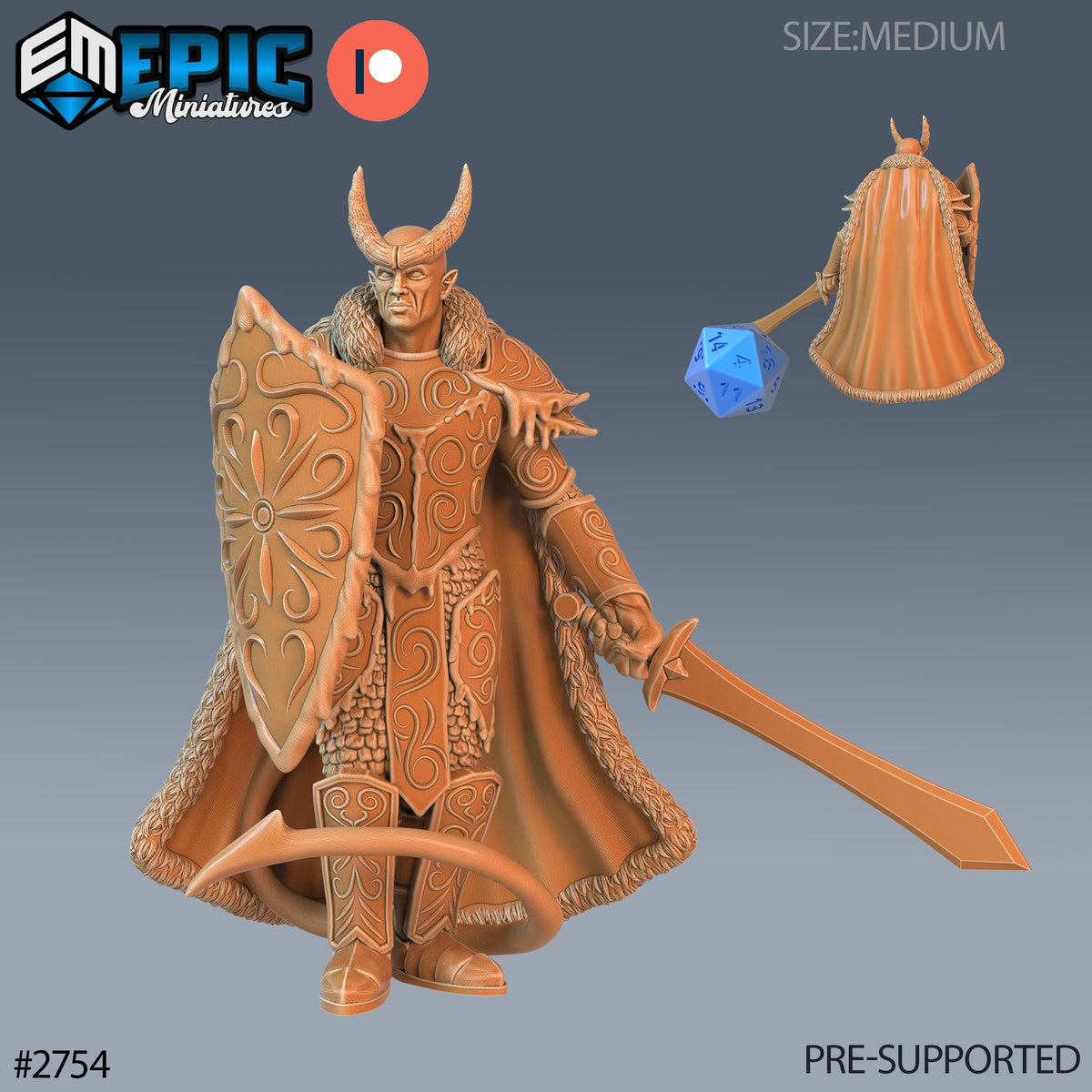 The image is a 3D model of a fantasy character, specifically a dragon-like creature with horns and a flowing robe. The character is holding a sword and a shield, and the image is labeled as a "PRE-SUPPORTED" version.