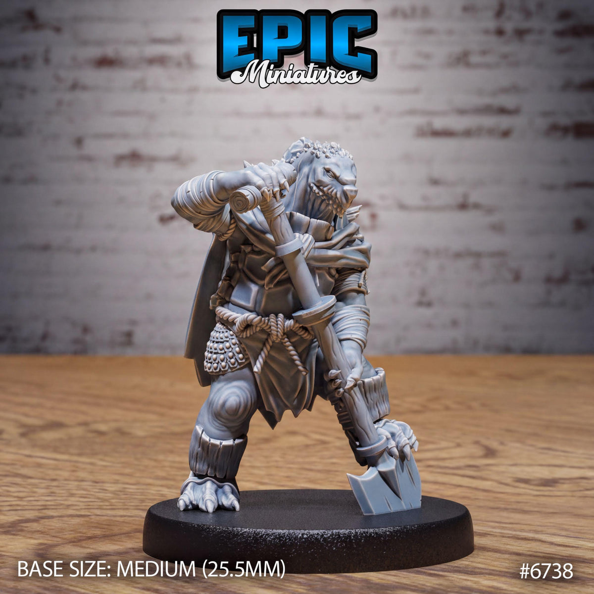 A figurine of a warrior-like character, likely a dwarf or gnome, standing on a black base and holding a weapon. The figurine is described as a "MEDIUM" size, which is 25.5 millimeters in height. The background is a brick wall.
