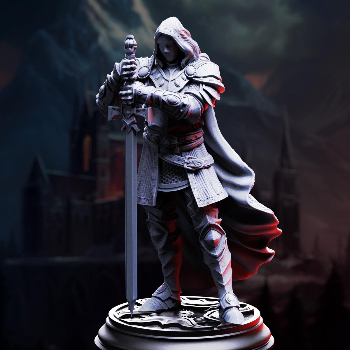 A statue of a knight holding a sword and standing on a pedestal.