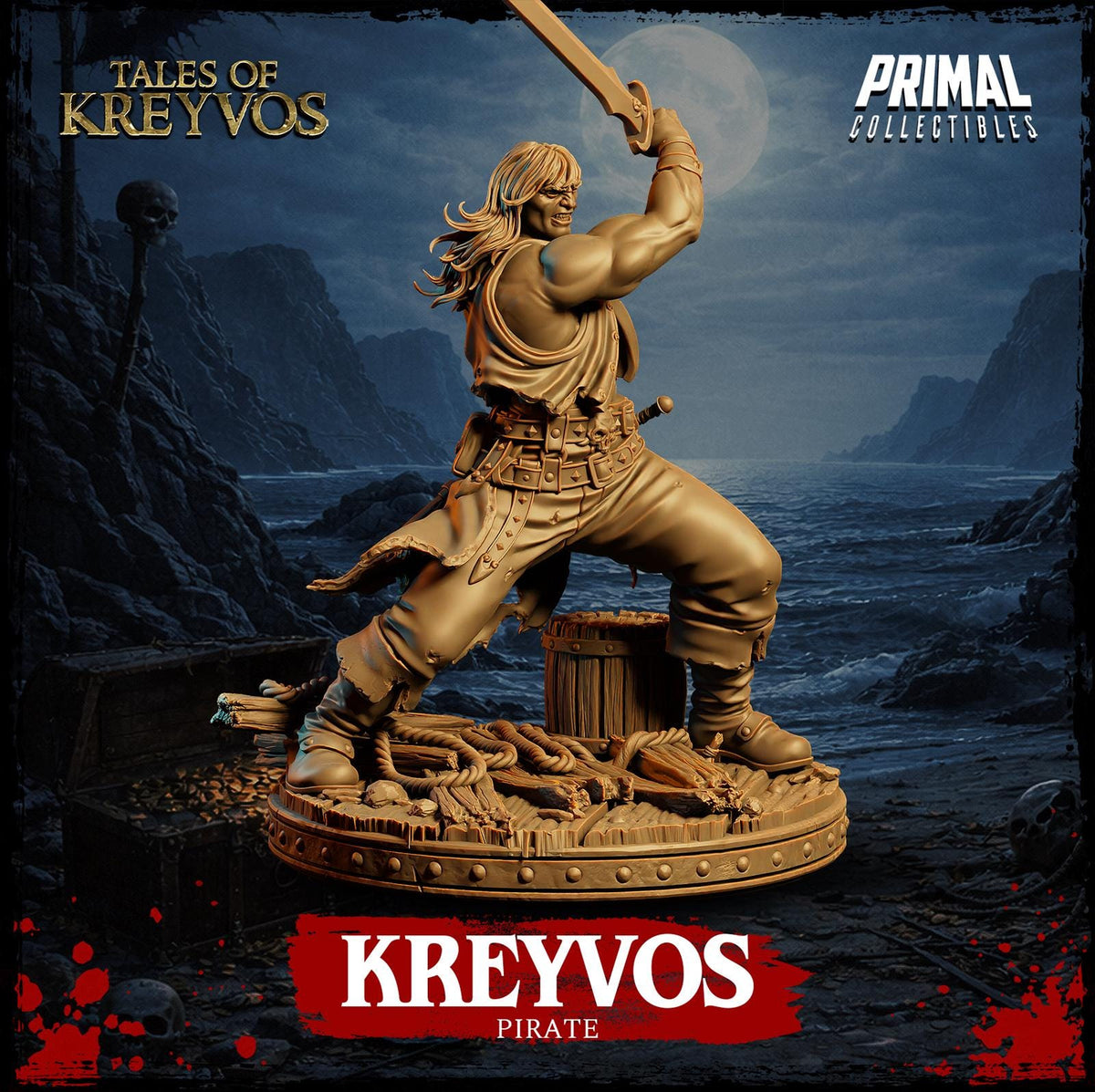 a pirate statue, specifically Kreyvos, who is depicted as a pirate.