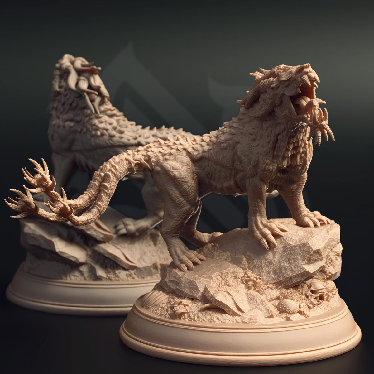 two detailed sculptures of fierce-looking creatures, possibly mythical or fantastical, standing on rocky terrain.