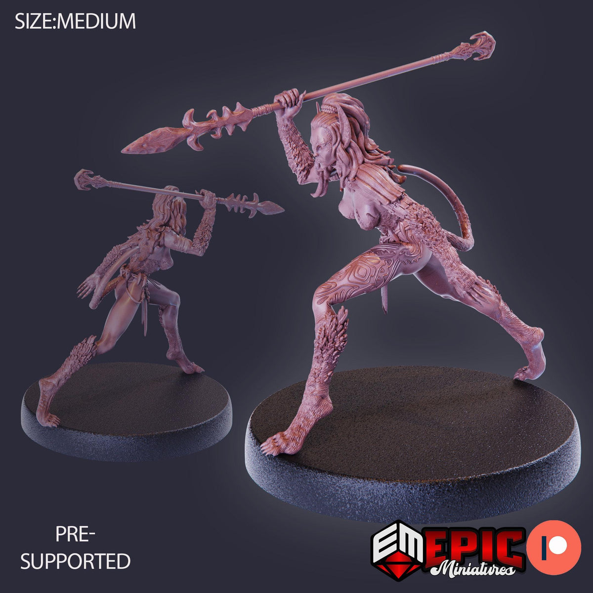 a figurine of a woman with a spear, and it is described as a "size-medium" figurine.