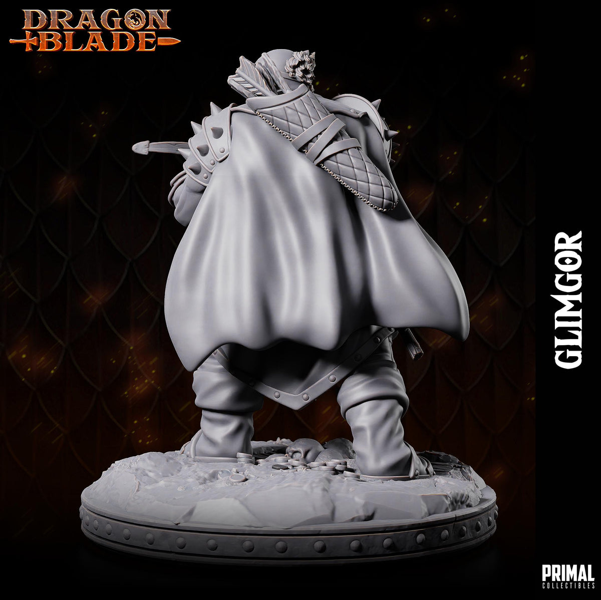 A 3D model of a character from the video game Dragon Blade, specifically named Glimor. The character is standing on a platform and holding a weapon, likely a sword. The background of the image is dark and has a textured pattern, which complements the character's appearance.
