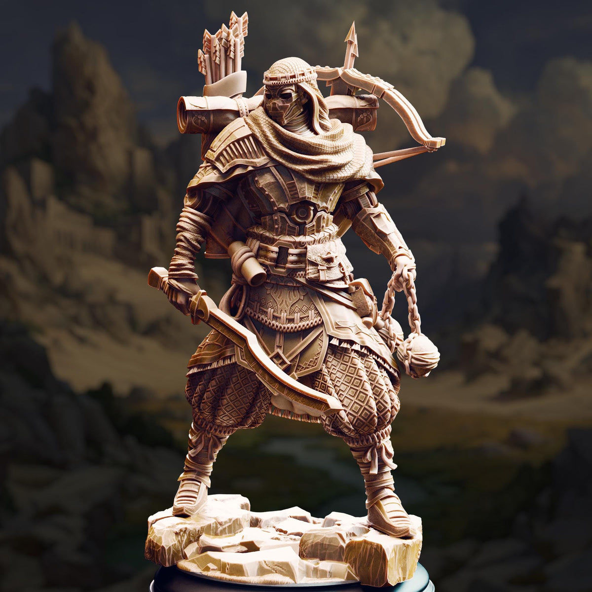 A detailed 3D model of a warrior figure, standing on a rock and holding various weapons, including a bow and arrow.
